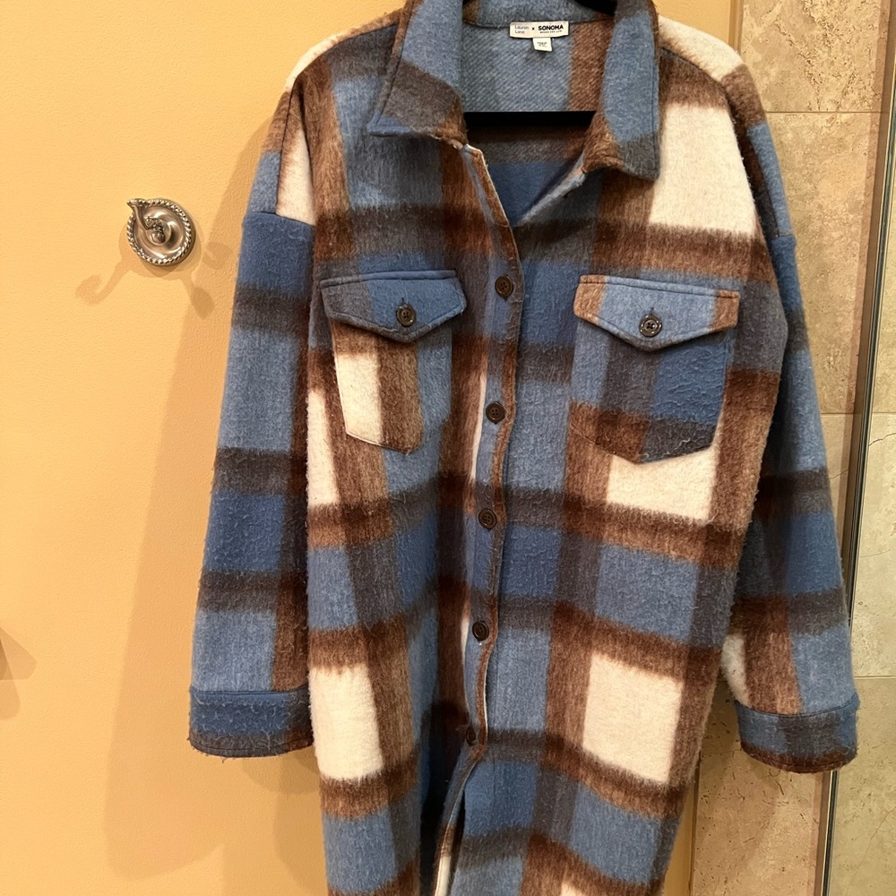 Lauren Lane x Sonoma (Kohl’s) Blue & Brown Plaid Teddy Jacket